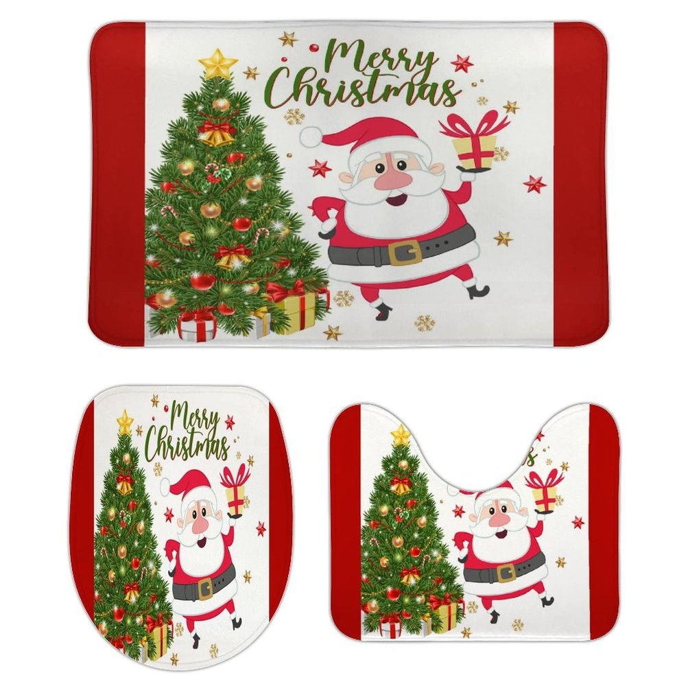 3 Pieces Christmas Santa Claus Snowflake Tree Red Bathroom Rug Set Soft Foam Non Slip Bath Mats Sets Toilet Contour Mat Lid Cover for Bathtub Shower and Bathroom Decor 20"x32"