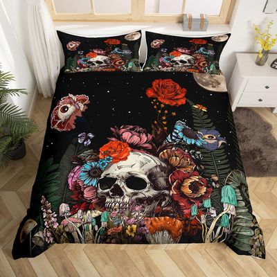 Erosebridal Sugar Skull Bedding Set,Botanical Flower Duvet Cover for Kids Boys Girls Home Decor,Starry Sky Comforter Cover with Zipper Clousure Halloween Gothic Quilt Cover 3Pcs,Full Size