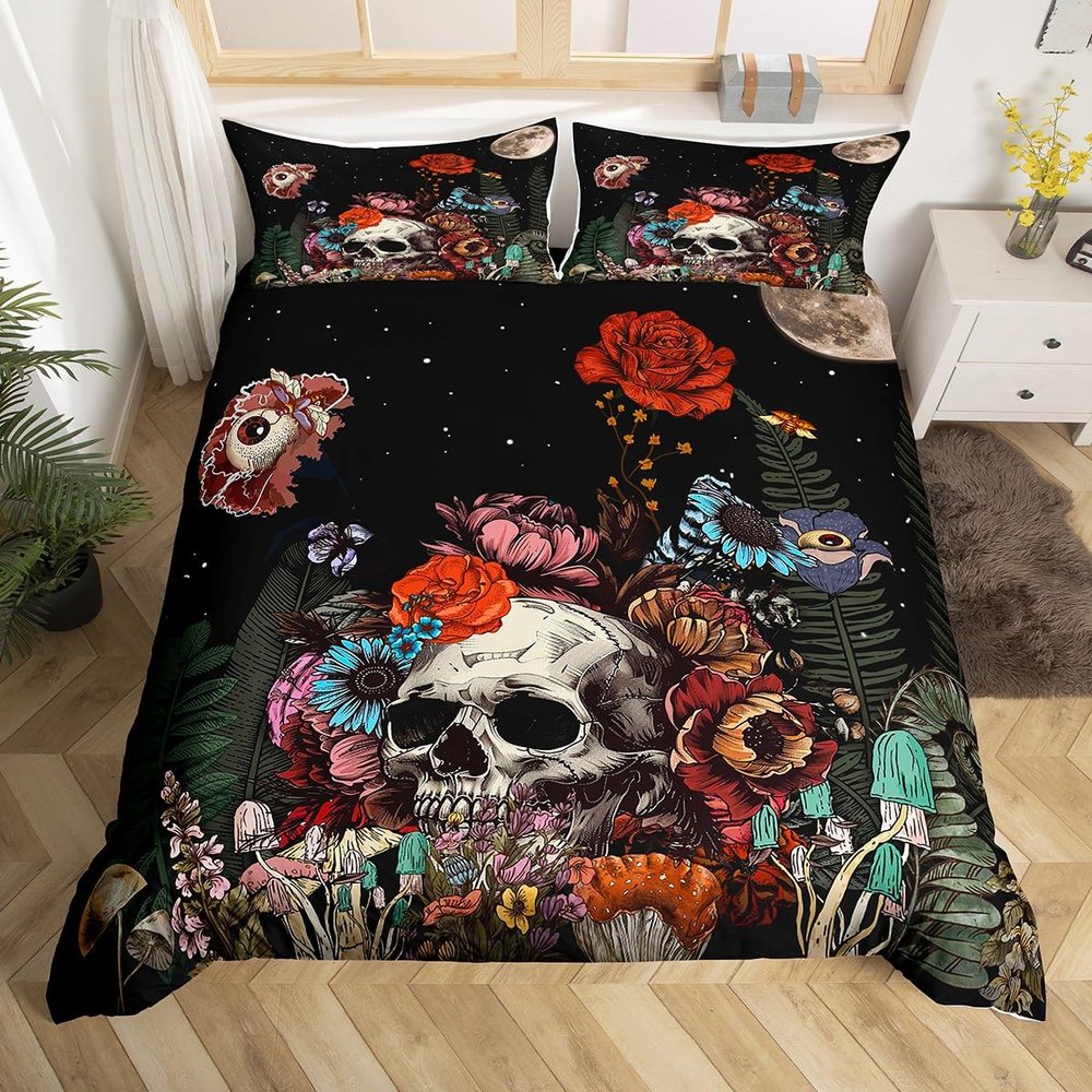 Erosebridal Sugar Skull Bedding Set,Botanical Flower Duvet Cover for Kids Boys Girls Home Decor,Starry Sky Comforter Cover with Zipper Clousure Halloween Gothic Quilt Cover 3Pcs,Full Size