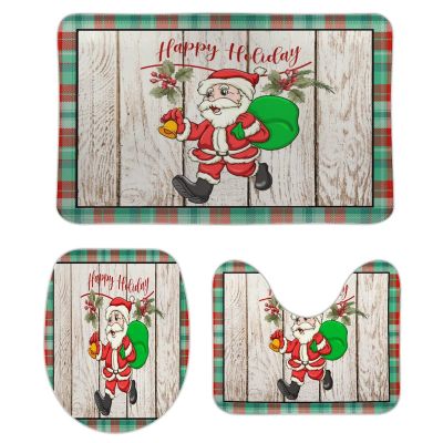 3 Pieces Happy Christmas Santa Tartan Plaid Holiday Festive Barn Wood Bathroom Rug Set Soft Foam Non Slip Bath Mats Sets Toilet Contour Mat Lid Cover for Bathtub Shower and Bathroom Decor 20"x32"