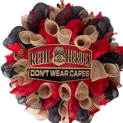Fire Fighter Real Heroes Don't Wear Capes Deco Mesh Wreath. Available in 24 inch and 28 inch diameters.