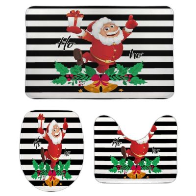 3 Pieces Christmas Santa with Gift Ho Ho Black and White Stripe Pattern Bathroom Rug Set Soft Foam Non Slip Bath Mats Sets Toilet Contour Mat Lid Cover for Bathtub Shower and Bathroom Decor 20"x30"