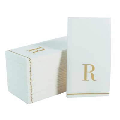 Luxe Party 112 Pack Monogram Napkins | Letter R Initial | Disposable | Premium Airlaid | Linen Feel | Decorative Table Setting | Guest Towel Napkin | White and Gold