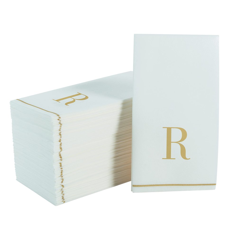 Luxe Party 112 Pack Monogram Napkins | Letter R Initial | Disposable | Premium Airlaid | Linen Feel | Decorative Table Setting | Guest Towel Napkin | White and Gold