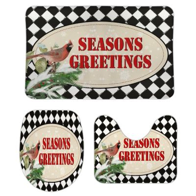 3 Pieces Christmas Season's Greetings Red Bird Black and White Check Bathroom Rug Set Soft Foam Non Slip Bath Mats Sets Toilet Contour Mat Lid Cover for Bathtub Shower and Bathroom Decor 20"x32"