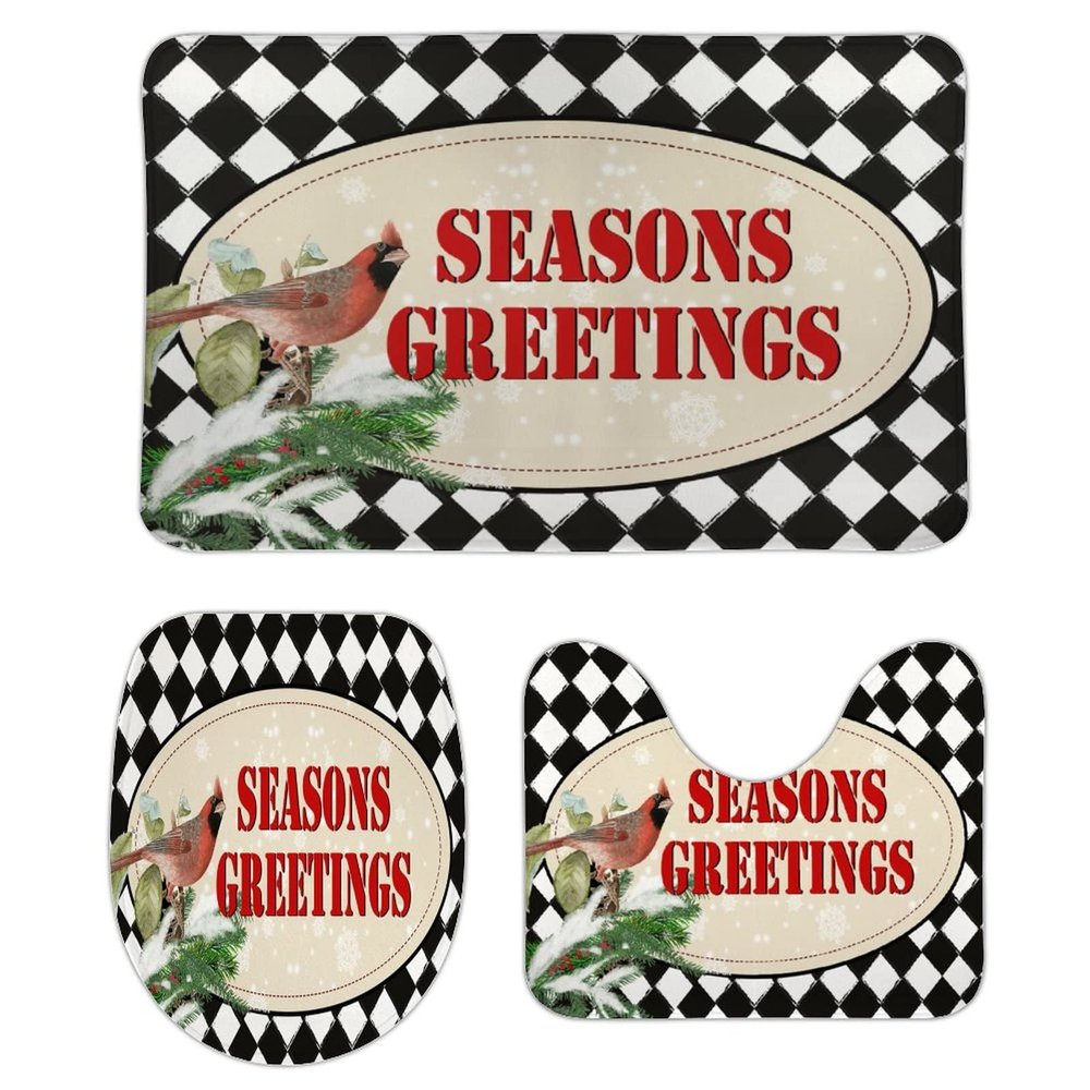 3 Pieces Christmas Season's Greetings Red Bird Black and White Check Bathroom Rug Set Soft Foam Non Slip Bath Mats Sets Toilet Contour Mat Lid Cover for Bathtub Shower and Bathroom Decor 20"x32"
