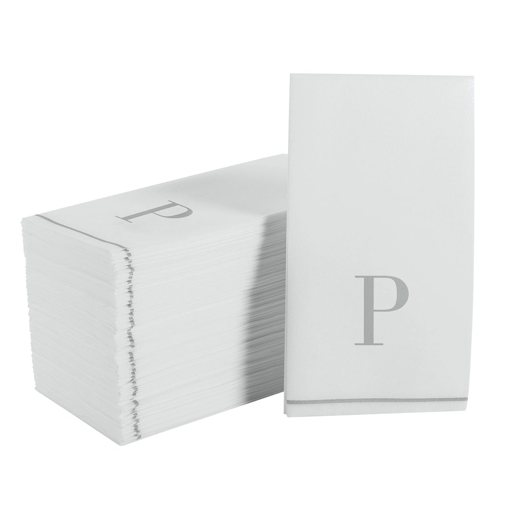 Luxe Party 112 Pack Monogram Napkins | Letter P Initial | Disposable | Premium Airlaid | Linen Feel | Decorative Table Setting | Guest Towel Napkin | White and Silver