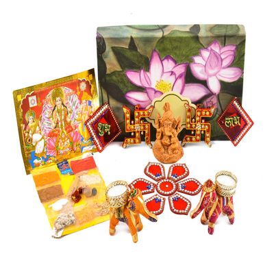 Decorative Poojan Samagri Kit with Roli, Moli, Akshat, Ganesh Idol for Navratri | Diwali | Festival by Indian Collectible