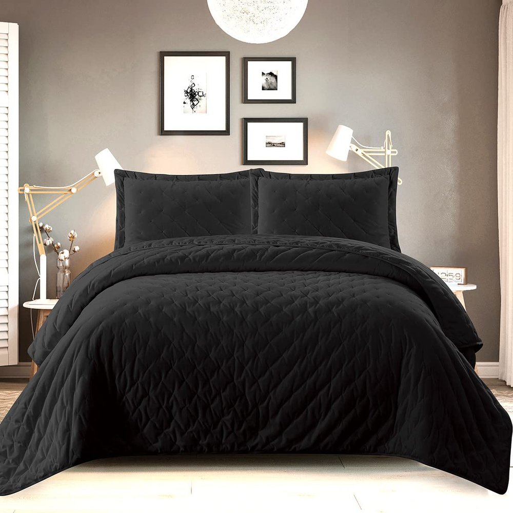 Royal Tradition Velvet Black Fluffy Coverlets, Queen Oversized 3pc Quilt Set (92-Inch Wide x 96-Inch Long) All Seasons Bedspread with Embroidered Mini Dots