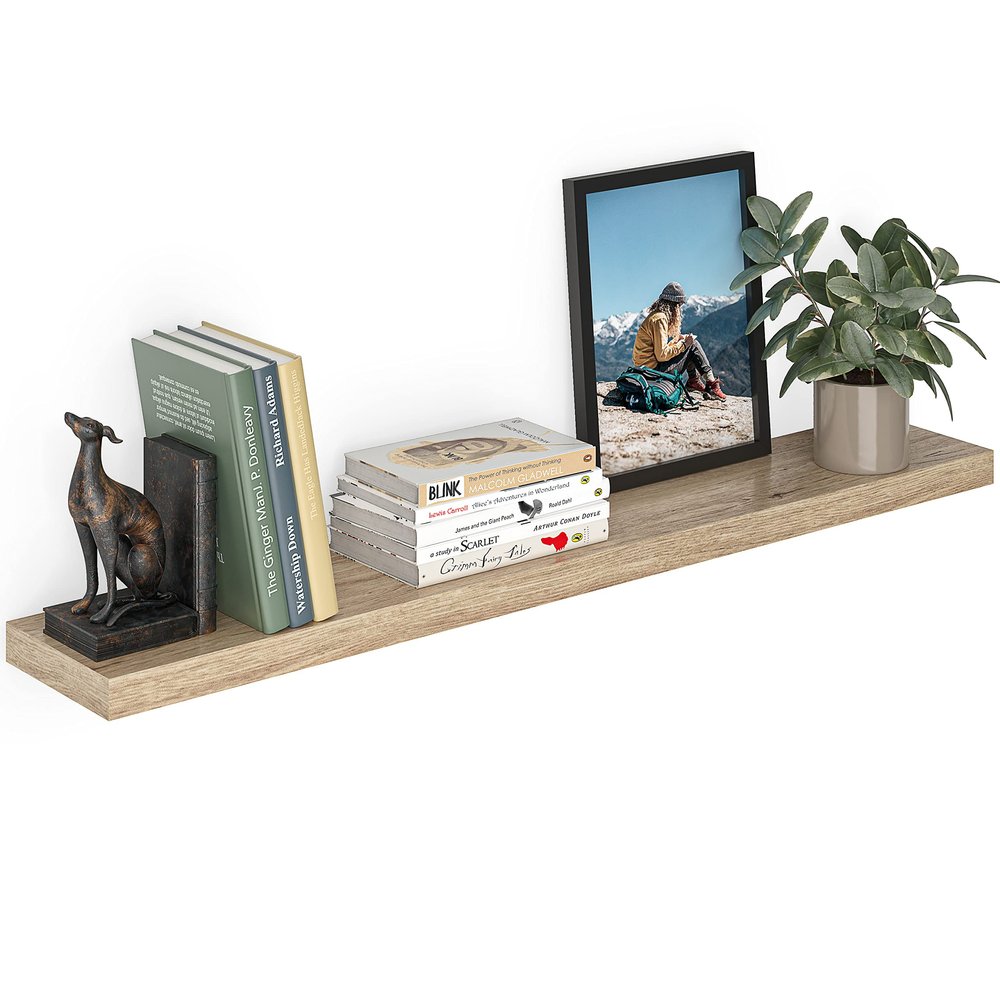 Ballucci Floating Shelf, 48" Wood Wall Shelf with Invisible Brackets for Bathroom, Living Room, Bedroom, Kitchen, Nursery, 8" Deep, Oak Finish