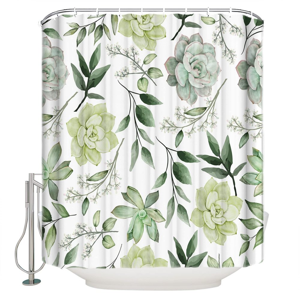 Succulent Shower Curtains 72x72inch, Bath Curtain Waterproof Polyester Fabric Decorative Bathroom Accessories Shower Curtain Set with Hooks, Summer Green Plant Leaves Succulents