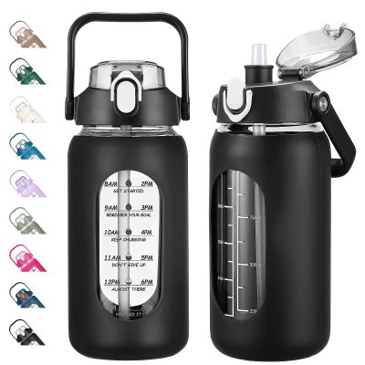 kytffu 42oz Glass Water Bottles with Straw, Motivational Glass Bottle with Silicone Sleeve and Time Marker, Leakproof Large Glass Water Jug for Gym Home Office,Black