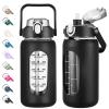kytffu 42oz Glass Water Bottles with Straw, Motivational Glass Bottle with Silicone Sleeve and Time Marker, Leakproof Large Glass Water Jug for Gym Home Office,Black view 1