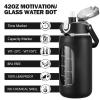 kytffu 42oz Glass Water Bottles with Straw, Motivational Glass Bottle with Silicone Sleeve and Time Marker, Leakproof Large Glass Water Jug for Gym Home Office,Black view 2