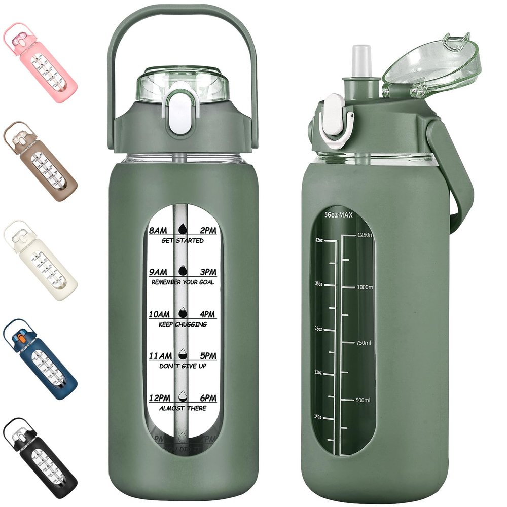 kytffu 56oz Glass Water Bottles with Straw, Motivational Glass Bottle with Silicone Sleeve and Time Marker, Leakproof Large Glass Water Jug for Gym Home Office,Olive