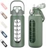 kytffu 56oz Glass Water Bottles with Straw, Motivational Glass Bottle with Silicone Sleeve and Time Marker, Leakproof Large Glass Water Jug for Gym Home Office,Olive view 1