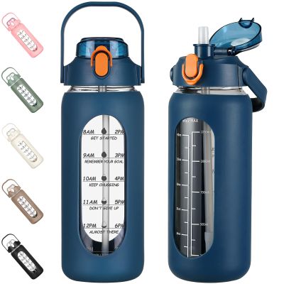 kytffu 56oz Glass Water Bottles with Straw, Motivational Glass Bottle with Silicone Sleeve and Time Marker, Leakproof Large Glass Water Jug for Gym Home Office,Blue