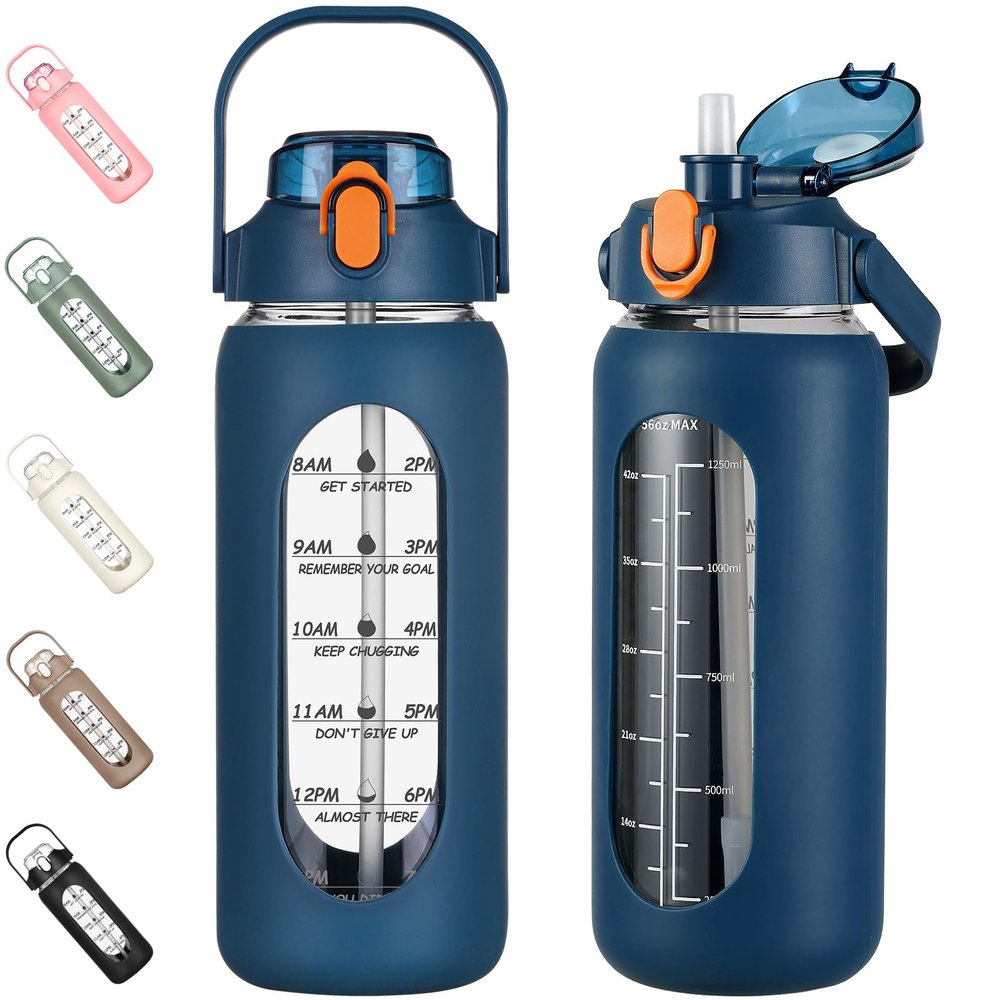 kytffu 56oz Glass Water Bottles with Straw, Motivational Glass Bottle with Silicone Sleeve and Time Marker, Leakproof Large Glass Water Jug for Gym Home Office,Blue