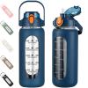kytffu 56oz Glass Water Bottles with Straw, Motivational Glass Bottle with Silicone Sleeve and Time Marker, Leakproof Large Glass Water Jug for Gym Home Office,Blue view 1