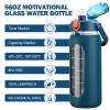 kytffu 56oz Glass Water Bottles with Straw, Motivational Glass Bottle with Silicone Sleeve and Time Marker, Leakproof Large Glass Water Jug for Gym Home Office,Blue view 2