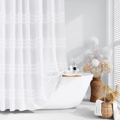 Dynamene Extra Long Shower Curtains - 72 x 84 Inches Long Textured Tufted Chenille Striped Fabric Bathroom Shower Curtain, Tall Modern Shabby Chic Waterproof Cloth Shower Curtain Set with Hooks, White