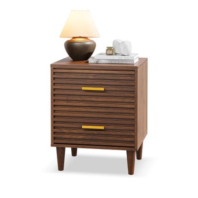 Alohappy Nightstand, Mid Century Modern Night Stands, Fluted Bedside Table for Bedroom, End Table with Storage Drawers, Vintage Bed Side Table Wood Accent Table for Living Room, Brown 1pc