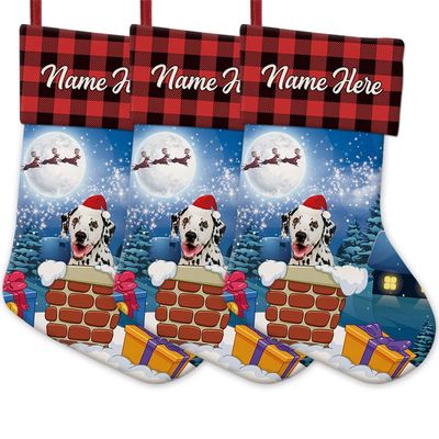 MALIHONG Personalized 3 Pack Christmas Stocking for Christmas Decor Santa Gift Dog Dalmatian in Chimney Christmas Stocking Gift Buffalo Plaid Family Holiday Xmas Party Christmas Decor 14.4"