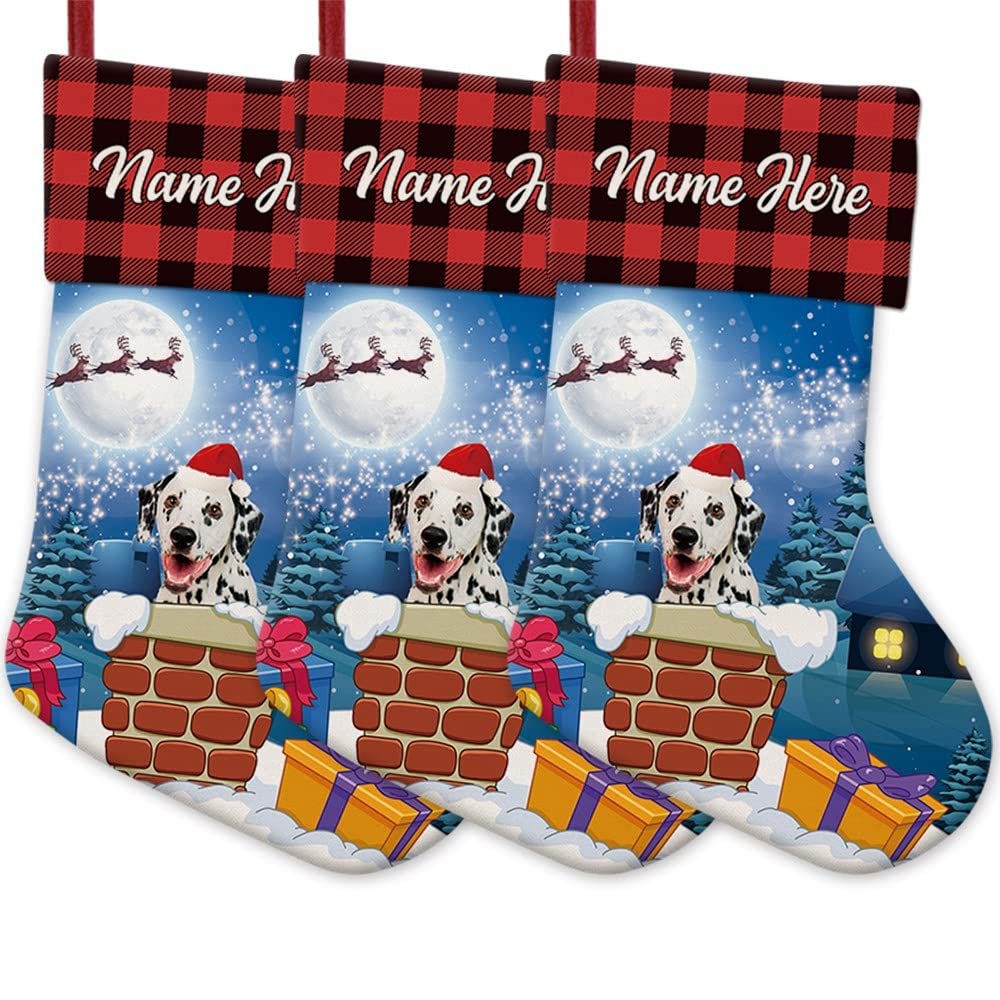 MALIHONG Personalized 3 Pack Christmas Stocking for Christmas Decor Santa Gift Dog Dalmatian in Chimney Christmas Stocking Gift Buffalo Plaid Family Holiday Xmas Party Christmas Decor 14.4"