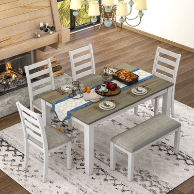 Merax 6 Piece Dining Table Set with Bench, Wooden Rectangular Dining Table with 4 Chairs & a Bench, Kitchen Dining Room Table Chairs Set (Brown + Whitewash)