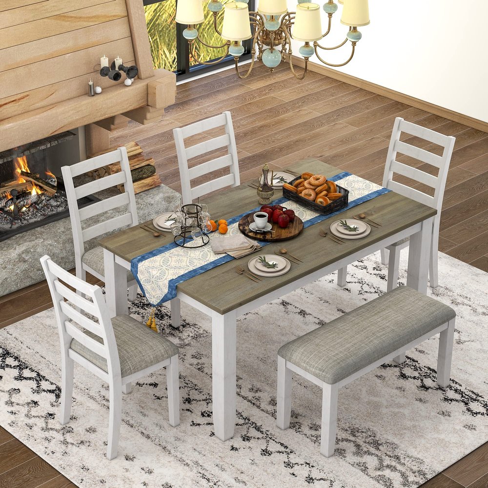 Merax 6 Piece Dining Table Set with Bench, Wooden Rectangular Dining Table with 4 Chairs & a Bench, Kitchen Dining Room Table Chairs Set (Brown + Whitewash)