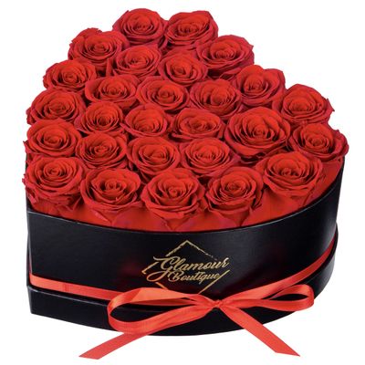 GLAMOUR BOUTIQUE 27 Flower Forever Heart Shape Box, Eternal Preserved Roses Gift for Her, Lasting Flowers, Premium Floral Heart Box for Birthday, Anniversary or Valentines Day, Red (Color-Treated)