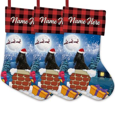 MALIHONG Personalized 3 Pack Christmas Stocking for Christmas Decor Santa Gift Funny Dog Cocker in Chimney Christmas Stocking Gift Buffalo Plaid Family Holiday Xmas Party Christmas Decor 14.4"