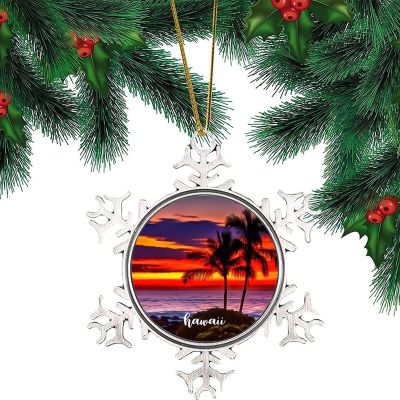 3in Christmas Snowflake Ornaments Round Hanging Keepsake Cityscape Hawaii Novelty Metal Souvenir Xmas Tree Hang Pendant New Year Winter Gift Holiday Party Decoration