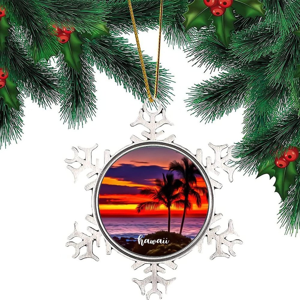 3in Christmas Snowflake Ornaments Round Hanging Keepsake Cityscape Hawaii Novelty Metal Souvenir Xmas Tree Hang Pendant New Year Winter Gift Holiday Party Decoration