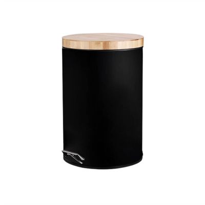 TOMYEUS Trash Cans 12L Foot-Operated Kitchen Trash Can Bedroom Living Room High-Grade Stainless Steel Trash Can with Wooden Lid Kitchen Bathroom Trash Cans (Color : Black)