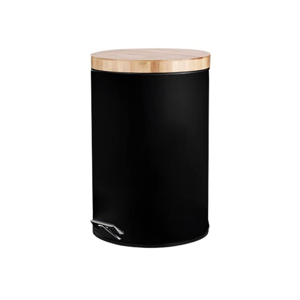 TOMYEUS Trash Cans 12L Foot-Operated Kitchen Trash Can Bedroom Living Room High-Grade Stainless Steel Trash Can with Wooden Lid Kitchen Bathroom Trash Cans (Color : Black)