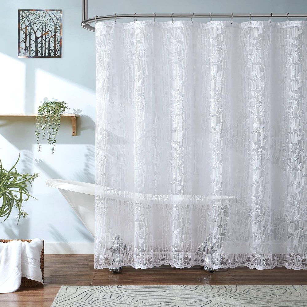 ASATEX White Semi-Sheer Lace Shower Curtain. 72 x 72 Inches Romantic Floral Leaf Pattern Bath Curtain. Make Bathroom Feel More Bright and Spacious. GRA 72 x 72 White