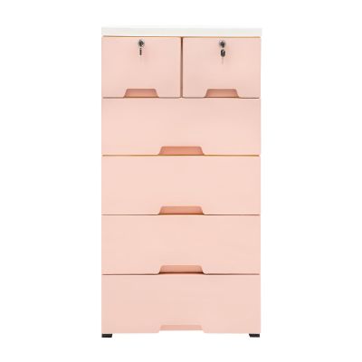 6 Drawer Plastic Dresser Storage Tower Closet Organizer Unit with Keys Clothes Organizer Cabinet for Home Office Bedroom, 5 Layer Drawer Storage Cabinet on Wheels (Pink, 19.7"W x 13.8"D x 40"H)