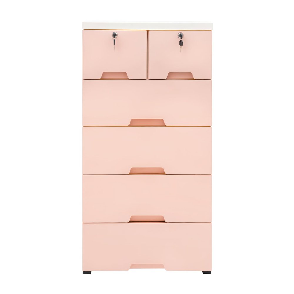 6 Drawer Plastic Dresser Storage Tower Closet Organizer Unit with Keys Clothes Organizer Cabinet for Home Office Bedroom, 5 Layer Drawer Storage Cabinet on Wheels (Pink, 19.7"W x 13.8"D x 40"H)