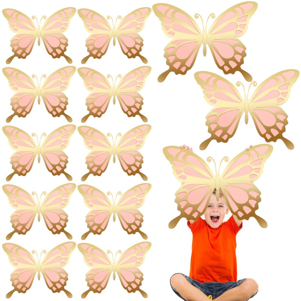 Geyee 12 Pcs 3D Large Butterfly Party Decoration 12 Inch 10 Inch Big Butterfly Centerpieces for Tables Baby Shower Birthday Wedding Hanging Decoration(Gold and Pink)