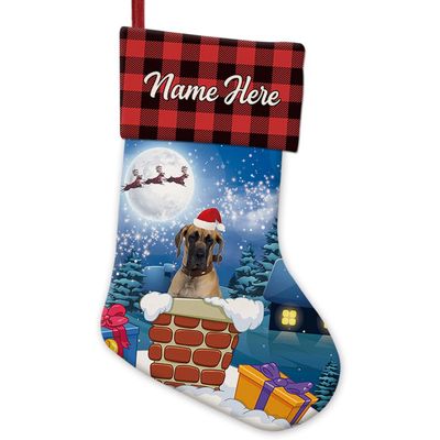 MALIHONG Personalized 1 Pack Christmas Stocking for Christmas Decor Santa Gift Dog Great Dane in Chimney Christmas Stocking Gift Buffalo Plaid Family Holiday Xmas Party Christmas Decor 14.4"
