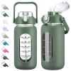 kytffu 42oz Glass Water Bottles with Straw, Motivational Glass Bottle with Silicone Sleeve and Time Marker, Leakproof Large Glass Water Jug for Gym Home Office,Olive view 1