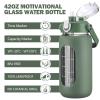 kytffu 42oz Glass Water Bottles with Straw, Motivational Glass Bottle with Silicone Sleeve and Time Marker, Leakproof Large Glass Water Jug for Gym Home Office,Olive view 2