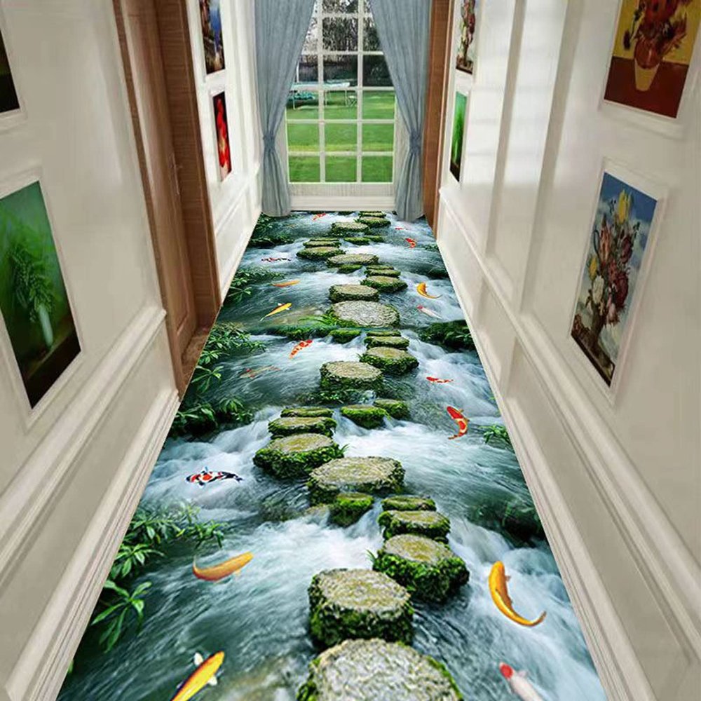 2x2 FT Area Rugs 3D carp Frolic PatternWashable Hallway Runner Rug, Small Non Slip Farmhouse Rugs for Entryway Patio Indoor, Long 2 4 6 8 10 12 Feet, Non-Shedding/Fade Resistant Style R
