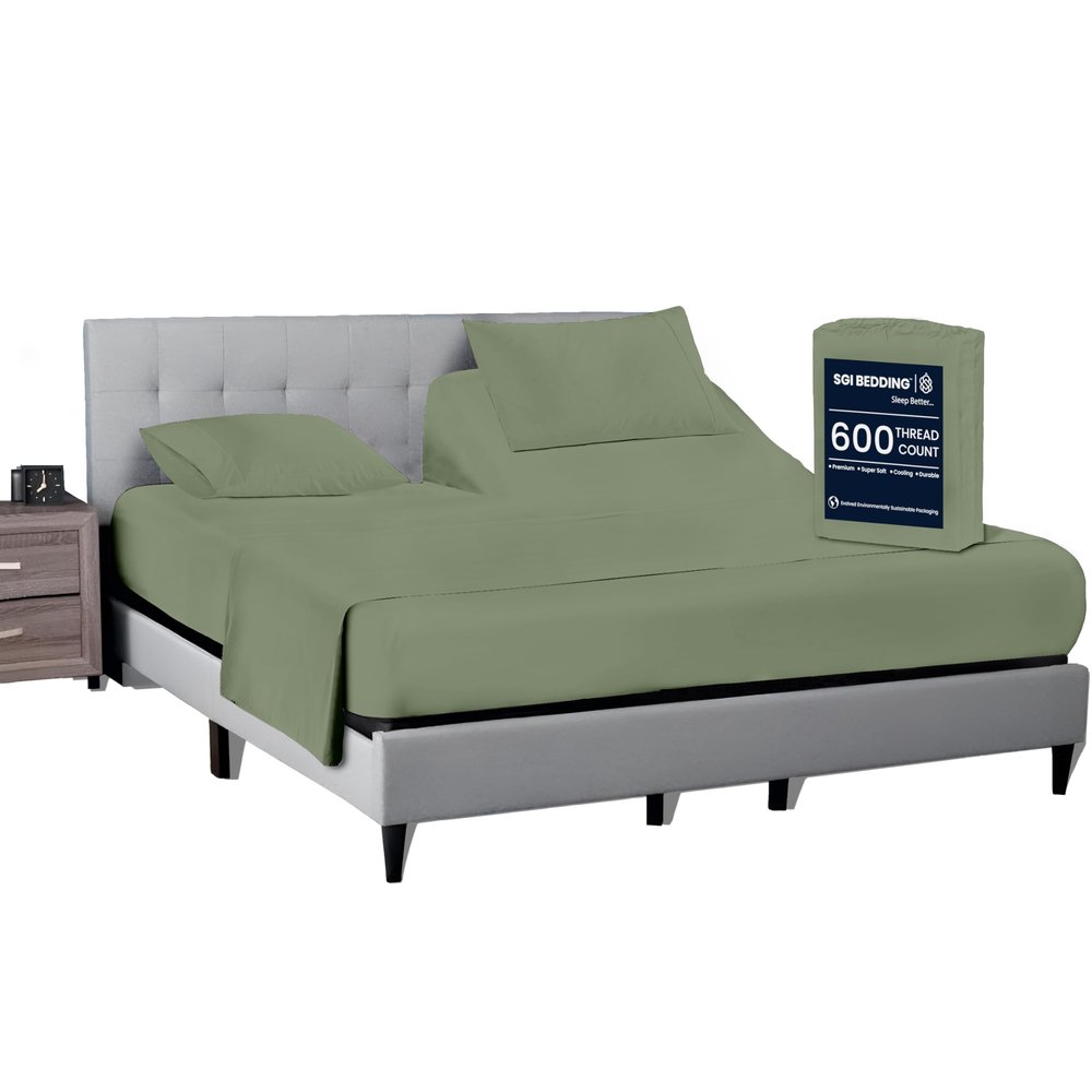 SGI bedding 32" Cal King Split Top Flex Head Sheet 100% Egyptian Cotton Sheet Set - 600 Thread Count Flex Top Sheet Adjustable Bed - 4 Piece Sheet Set 15" Deep Pocket Sleep Number Bed - Moss Solid