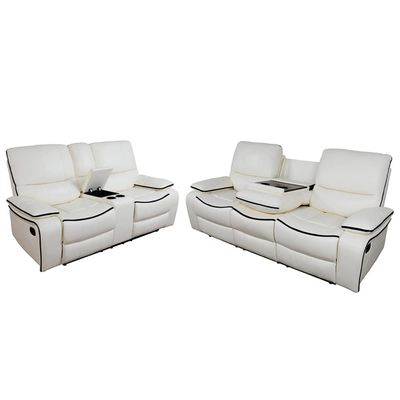 GEBADOL Manual Reclining Living Room Furniture Set Leather Sofa & Loveseat with Storage Console for Living Room/House/Bedroom/Office (White/Bonded Leather)