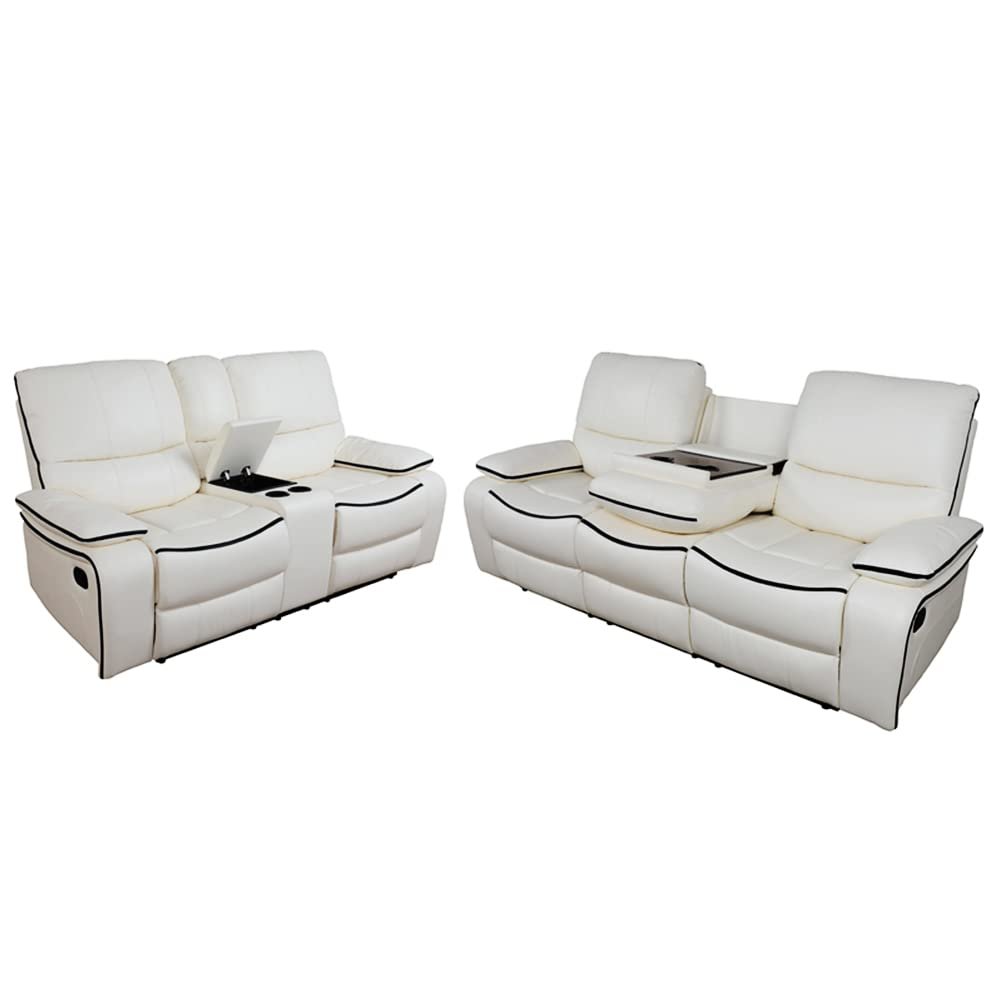 GEBADOL Manual Reclining Living Room Furniture Set Leather Sofa & Loveseat with Storage Console for Living Room/House/Bedroom/Office (White/Bonded Leather)