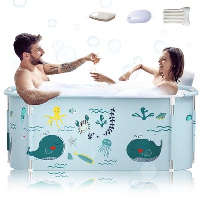 53" Extra Large Portable Foldable Bathtub with Metal Frame for Adult, Family SPA Soaking Tub with Cover for Small Bathroom, Thicken Multiple Layer Bathtub with Lid (53" Ocean with Metal Frame)