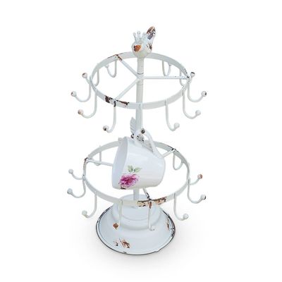BOOMLATU 2-Tier Shabby Chic White Spins 360-Degrees Bird Statue Mug Rack Tree,Vintage Coffee Mugs & Tea Cup Storage Rack with 24 Hooks for Home or Office Kitchen Counter Organizer