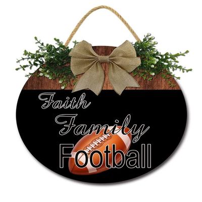 Faith Family Football Sign for Front Door, Round Wooden Hanging Sign for Farmhouse Porch Decorations, Rustic Wreaths Sign Front Door Decoration, Wall Decor, Home Outdoor Indoor Soccer Round 12"